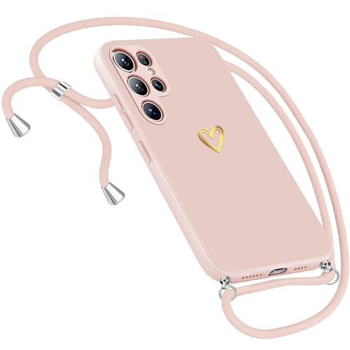 Handykette Hülle für Samsung Galaxy S24 Ultra Hülle Necklace, Herz Motiv Muster Handyhülle für Samsung S24 Ultra Hülle mit Band Kordel zum Umhänge Band Ultradünn Hülle S24 Ultra Handykette (Rosa) von Neivi