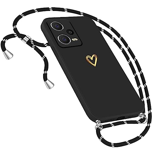 Handykette Hülle für Xiaomi Redmi Note 12 Pro 5G Hülle Necklace, Herz Motiv Muster Handyhülle für Xiaomi Redmi Note 12 Pro 5G Hülle mit Band mit kette Kordel zum Umhänge Band Ultradünn Hülle (Schwarz) von Neivi
