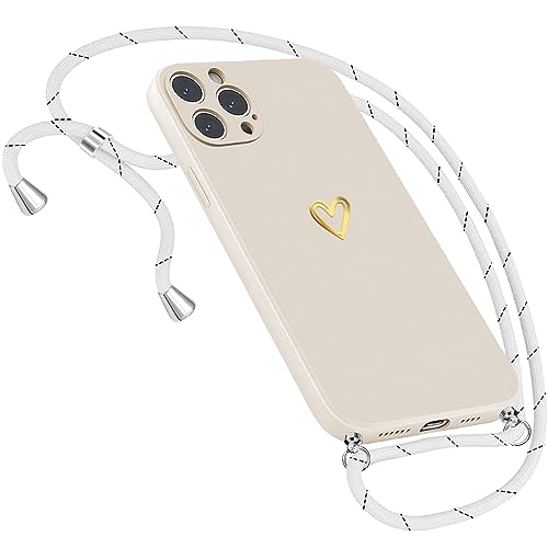 Handykette Hülle für iPhone 14 Pro Hülle Necklace, Herz Motiv Muster Handyhülle für iPhone 14 Pro Hülle mit Band mit Kette mit Kordel zum Umhänge Band Ultradünn Hülle iPhone 14 Pro Handykette (Weiß) von Neivi