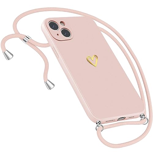 Handykette Hülle für iPhone 15 Hülle Necklace, Herz Motiv Muster Handyhülle für iPhone 15 Hülle mit Band mit Kette mit Kordel zum Umhänge Band Ultradünn Hülle für iPhone 15 Handykette (Rosa) von Neivi