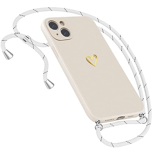 Handykette Hülle für iPhone 15 Hülle Necklace, Herz Motiv Muster Handyhülle für iPhone 15 Hülle mit Band mit Kette mit Kordel zum Umhänge Band Ultradünn Hülle für iPhone 15 Handykette (Weiß) von Neivi