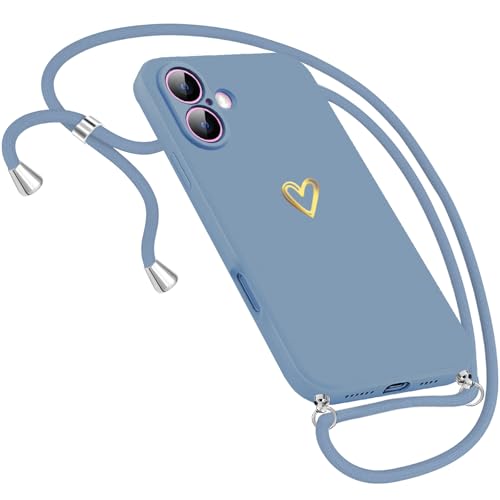 Handykette Hülle für iPhone 16 Hülle mit Band Necklace, Herz Motiv Muster Handyhülle für iPhone 16 5G Hülle mit Kette mit Kordel zum Umhänge Band Ultra dünn 16 Hülle 6.1-Zoll (Blau) von Neivi