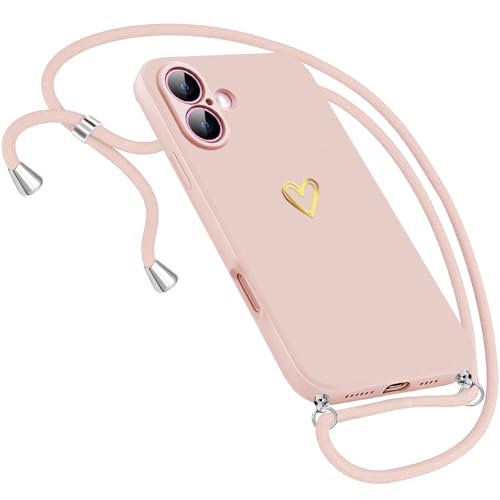 Handykette Hülle für iPhone 16 Hülle mit Band Necklace, Herz Motiv Muster Handyhülle für iPhone 16 5G Hülle mit Kette mit Kordel zum Umhänge Band Ultra dünn 16 Hülle 6.1-Zoll (Rosa) von Neivi