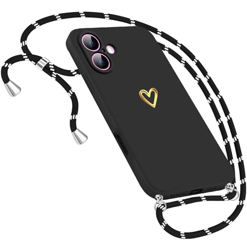 Handykette Hülle für iPhone 16 Hülle mit Band Necklace, Herz Motiv Muster Handyhülle für iPhone 16 5G Hülle mit Kette mit Kordel zum Umhänge Band Ultra dünn 16 Hülle 6.1-Zoll (Schwarz) von Neivi