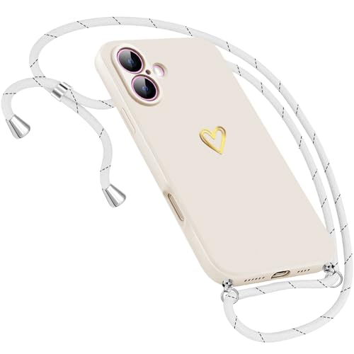 Handykette Hülle für iPhone 16 Hülle mit Band Necklace, Herz Motiv Muster Handyhülle für iPhone 16 5G Hülle mit Kette mit Kordel zum Umhänge Band Ultra dünn 16 Hülle 6.1-Zoll (Weiß) von Neivi