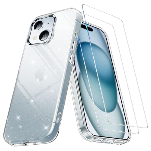 Neivi Glitzer iPhone 15 Hülle Bling Glitzer Transparente, 2 Stück Schutzfolie, Dünn Weich Verstärkt Stoßfest TPU Silikon Bumper, Ultradünn Bling Handyhülle iPhone 15 Hülle für Frauen und Mädchen von Neivi