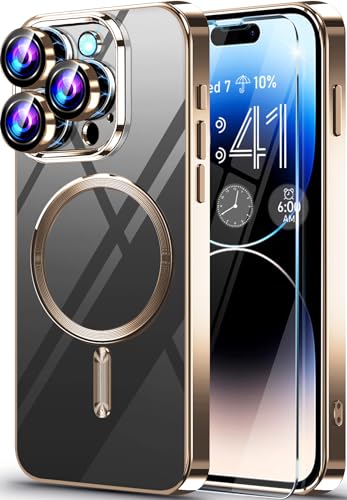 Neivi für iPhone 15 Pro Hülle Kompatibel mit Mag-Safe mit Kameraschutz mit Schutzfolie, Handyhülle iPhone 15 Pro Transparent Vergilbungsfrei Unzerstörbarer Dünn Stoßfeste Schutzhülle Case Gold von Neivi