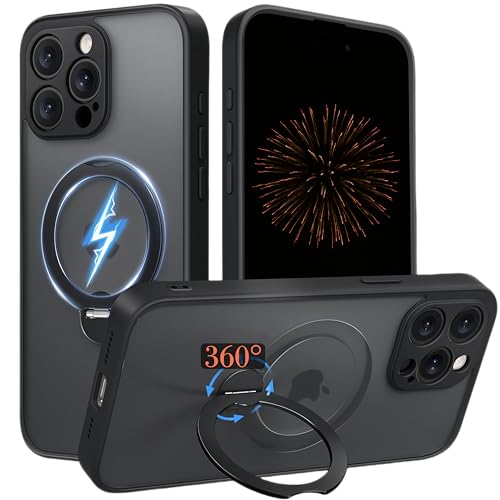 Nekiyo Tech Designed for iPhone 16 Pro Max mit 360° drehbarer Magnetring-Ständer-Hülle Compatible with Magsafe Militärschutz Dünne transluzente Matte Anti-Fingerprint Slim Cover 6.9" Schwarz von Nekiyo Tech