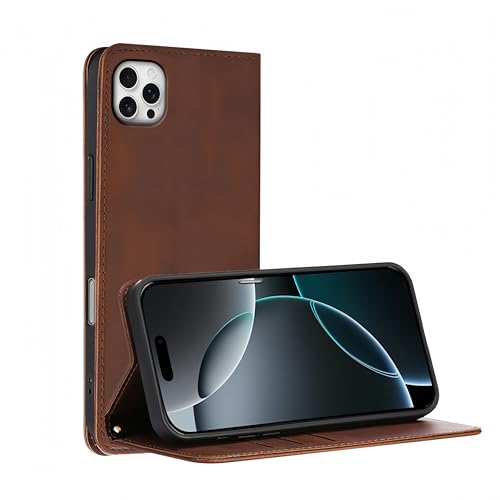 Nekiyo Tech Design für iPhone 16 Pro mit Leder-Folio-Geldbörsen-Hülle – Militärischer Fallschutz, RFID-blockierende Kartenfächer, stoßabsorbierende schlanke Handyhülle (6,3 Zoll, Braun) von Nekiyo Tech
