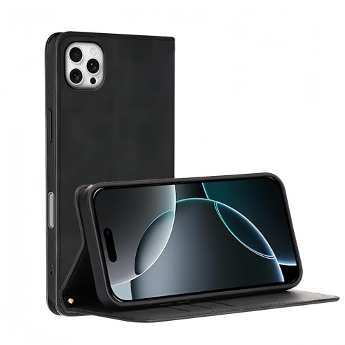 Nekiyo Tech Design für iPhone 16 Pro mit Leder-Folio-Geldbörsen-Hülle – Militärischer Fallschutz, RFID-blockierende Kartenfächer, stoßabsorbierende schlanke Handyhülle (6,3 Zoll, Schwarz) von Nekiyo Tech