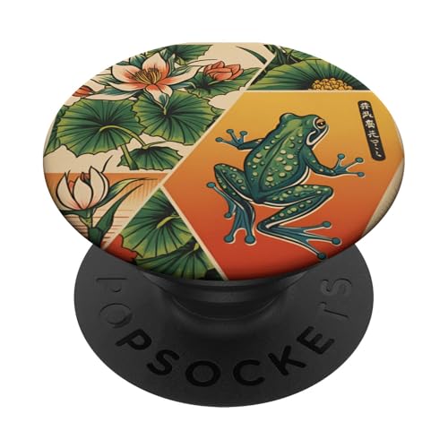 Moderner Frosch mit Lilienmotiv im japanischen Stil PopSockets Klebender PopGrip von NekoKuma Studio