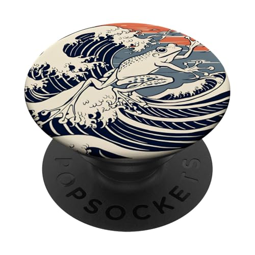 Retro Japanischer Frosch mit Wellen Moderner japanischer Ukiyo-e Frosch PopSockets Klebender PopGrip von NekoKuma Studio