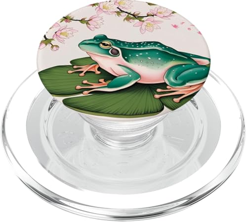 Schöner japanischer Frosch mit Kirschblüten auf beruhigender Lilypad PopSockets PopGrip für MagSafe von NekoKuma Studio