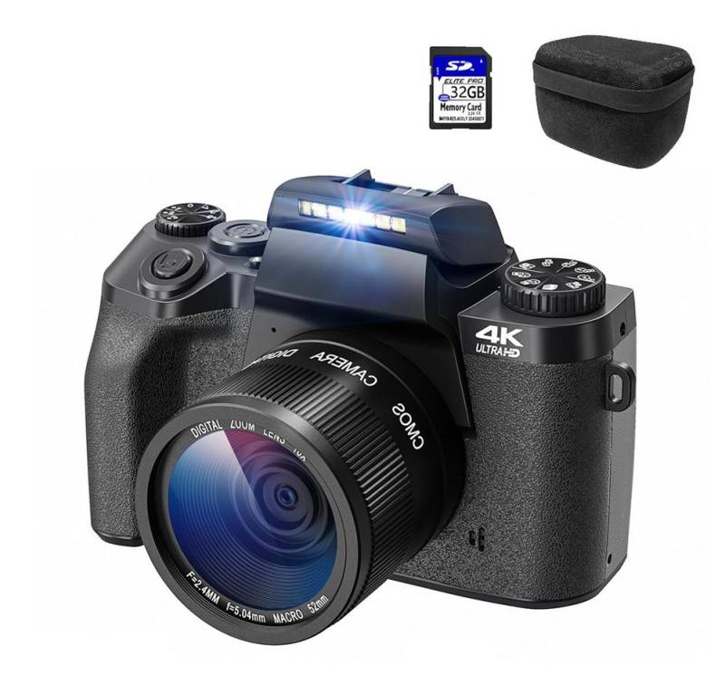 HT W5 Digitalkamera 4K mit 4.0" Touchscreen Kompaktkamera (64 MP, WLAN (Wi-Fi), inkl. 32GB Karte, 16x Digitalzoom fotokamera mit Kameratasche) von HT