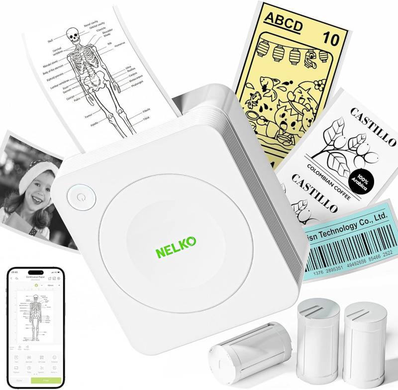 Nelko Bluetooth Etikettendrucker für DIY Erstellung, Studiennotizen mobiler Drucker, (WLAN (Wi-Fi), mit 3 Rollen Etiketten für Smartphone Aufkleber Drucker) von Nelko