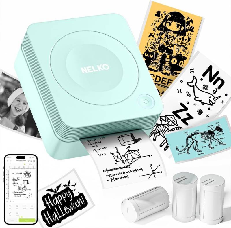 Nelko Bluetooth Etikettendrucker für DIY Erstellung, Studiennotizen mobiler Drucker, (WLAN (Wi-Fi), mit 3 Rollen Etiketten für Smartphone Aufkleber Drucker) von Nelko