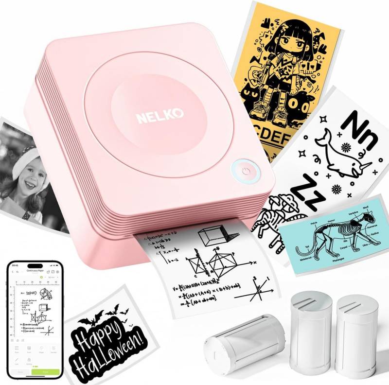 Nelko Bluetooth Etikettendrucker für DIY Erstellung, Studiennotizen mobiler Drucker, (WLAN (Wi-Fi), mit 3 Rollen Etiketten für Smartphone Aufkleber Drucker) von Nelko