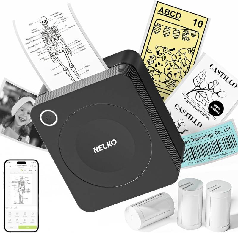 Nelko Bluetooth Etikettendrucker für DIY Erstellung, Studiennotizen mobiler Drucker, (WLAN (Wi-Fi), mit 3 Rollen Etiketten für Smartphone Aufkleber Drucker) von Nelko
