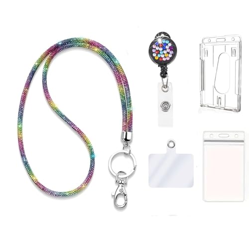 Modischer, einziehbarer Ausweishalter mit glitzerndem Umhängeband, Strass-Ausweishalter mit transparentem Kartenhalter für Büroangestellte, Lehrer, Arzt, Bonus Handy-Sicherheitslasche (Regenbogen) von Neobling