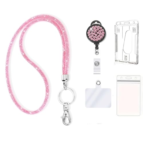 Modischer, einziehbarer Ausweishalter mit glitzerndem Umhängeband, Strass-Ausweishalter mit transparentem Kartenhalter für Büroangestellte, Lehrer, Arzt, Bonus Handy-Sicherheitslasche (Rosa) von Neobling