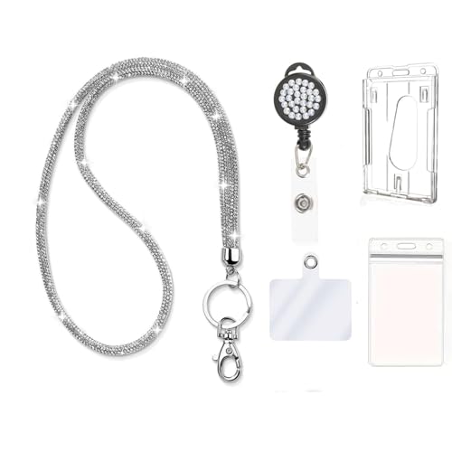 Modischer, einziehbarer Ausweishalter mit glitzerndem Umhängeband, Strass-Ausweishalter mit transparenten Kartenhaltern für Büroangestellte, Lehrer, Arzt, Bonus Handy-Sicherheitslasche (Silber) von Neobling