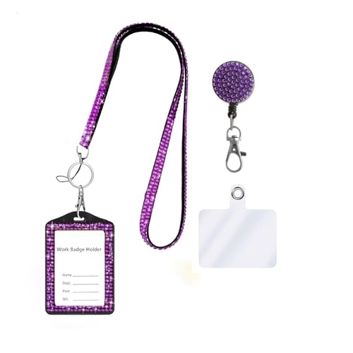 Modisches 3-in-1-Umhängeband mit Kristall, glitzernd, einziehbarer Strass-Namenskartenhalter für Lehrer, Krankenschwestern, Ärzte, Frauen (1 lila) von Neobling