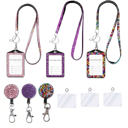 Modisches 3-in-1-Umhängeband mit Kristall, glitzernd, einziehbarer Strass-Namenskartenhalter für Lehrer, Krankenschwestern, Ärzte, Frauen (Rosa, Lila, Regenbogen) von Neobling