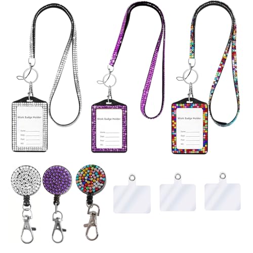 Modisches 3-in-1-Umhängeband mit Kristall, glitzernd, einziehbarer Strass-Namenskartenhalter für Lehrer, Krankenschwestern, Ärzte, Frauen (transparent, lila, Regenbogen) von Neobling