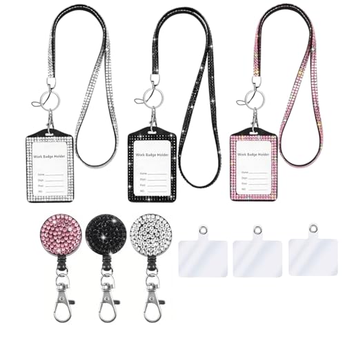 Modisches 3-in-1-Umhängeband mit Kristall, glitzernd, einziehbarer Strass-Namenskartenhalter für Lehrer, Krankenschwestern, Ärzte, Frauen (transparent, rosa, schwarz) von Neobling