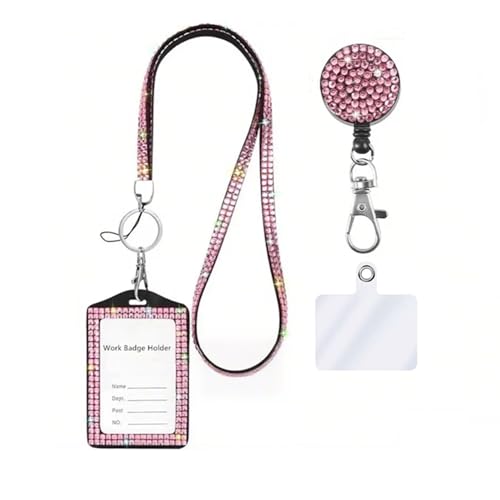 Modisches 3-in-1-Umhängeband mit Kristall, glitzerndes Ausweishalter, einziehbarer Strass-Namenskartenhalter für Lehrer, Krankenschwestern, Ärzte, Frauen, Bonus Handy-Sicherheitslasche (1 Rosa) von Neobling