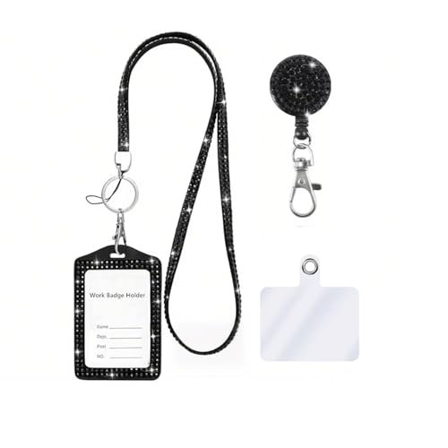 Modisches 3-in-1-Umhängeband mit Kristall, glitzerndes Ausweishalter, einziehbarer Strass-Namenskartenhalter für Lehrer, Krankenschwestern, Ärzte, Frauen, Bonus Handy-Sicherheitslasche (1 schwarz) von Neobling