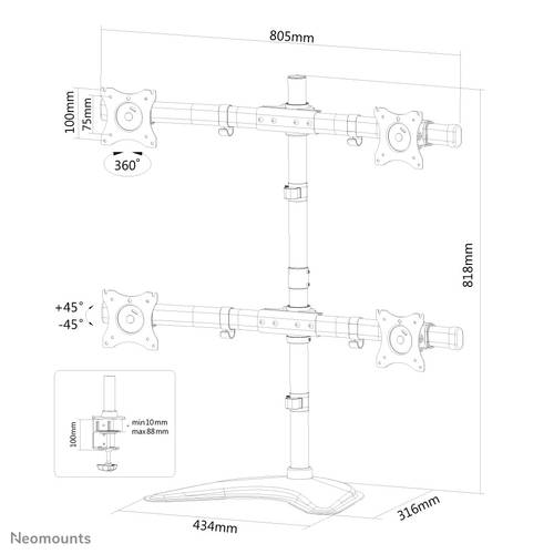 Neomounts NM-D335D4BLACK 4fach Monitor-Tischhalterung 25,4cm (10 ) - 68,6cm (27 ) Neigbar, Schwen von Neomounts