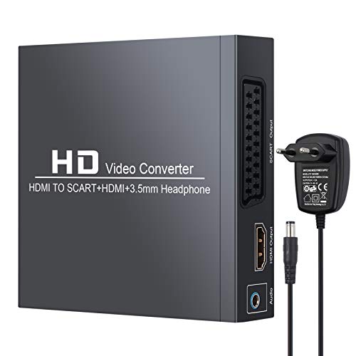 Neoteck HDMI zu SCART/HDMI Konverter HDMI zu Composite-Videosignal/FL/FR-Stereo-Audiosignal Adapter mit 3,5-mm-Kopfhörer und Netzteil Unterstützt 1080P, PAL, NTSC für CRT-TV, VHS-VCR, DVD-Recorder von Neoteck