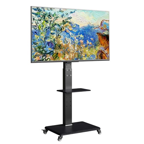 Neothm TV Ständer Rollbar für 32 bis 65 75 Zoll mit Holzablage TV Standfuß schwenkbar Fernsehstand mit Rollen höhenverstellbar Flachbildschirm bis zu 50kg 30° Drehung (schwarz) von Neothm