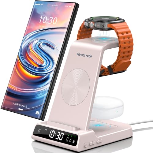 Wireless Charger für Galaxy S24 Ultra, Induktive ladestation für Galaxy Watch 6, 3 in 1 ladegerät mit Digitaluhr für Galaxy Z Flip 5 S23 Ultra, Galaxy Watch 5 Pro 4, Galaxy Buds 2 Pro von NeotrixQI