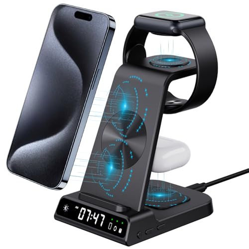 Wireless Charger mit Digitaluhr für Apple Ladestation für i Phone 15 14 Pro Max 13, Ladestation Apple Watch und iPhone, Induktive Ladestation Kabelloses Ladegerät für iWatch 9 8 SE Airp ods Pro/3 von NeotrixQI