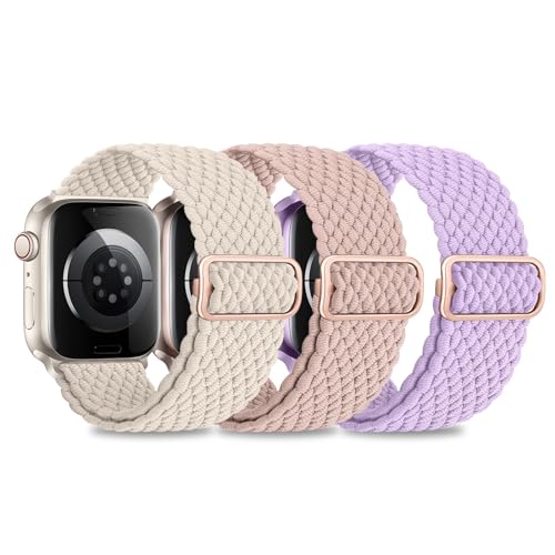 Nepfaivy 3 Stück Geflochtenes Armband Kompatibel mit Apple Watch Armband 45mm 44mm 49mm 42mm für Damen Herren, Nylon Stoff Sport Elastisches Band für iWatch Serie 9/8/Ultra/SE/7/6/5/4/3/2/1(M, Type 2) von Nepfaivy