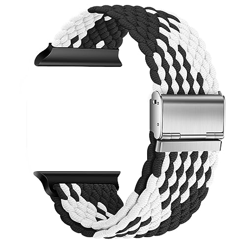 Nepfaivy Ersatzarmband Kompatibel mit Apple Watch Armband 49mm 45mm 44mm 42mm für Damen Herren, Geflochtenes Nylon Stoff Solo Loop Armband für iWatch Series 8/Ultra/SE/7/6/5/4/3/2/1(M, Schwarz/Weiß) von Nepfaivy