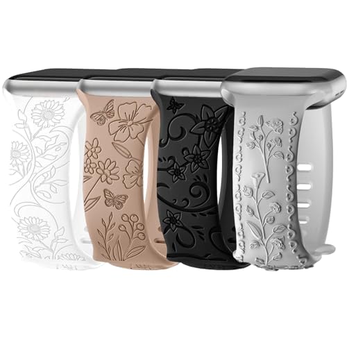 Nepfaivy Floral Graviertes Armband Kompatibel mit Apple Watch Armband 40mm 41mm 38mm 42mm für Damen, Weiches Silikon Elegantes Sport Ersatzarmband für iWatch Series 10/9/8/SE/7/6/5/4/3/2/1, Typ 1 von Nepfaivy