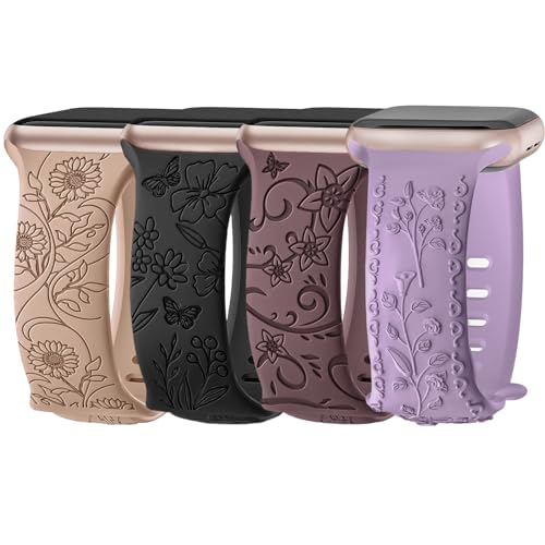 Nepfaivy Floral Graviertes Armband Kompatibel mit Apple Watch Armband 40mm 41mm 38mm 42mm für Damen, Weiches Silikon Elegantes Sport Ersatzarmband für iWatch Series 10/9/8/SE/7/6/5/4/3/2/1, Typ 2 von Nepfaivy
