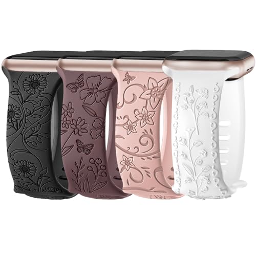 Nepfaivy Floral Graviertes Armband Kompatibel mit Apple Watch Armband 40mm 41mm 38mm 42mm für Damen, Weiches Silikon Elegantes Sport Ersatzarmband für iWatch Series 10/9/8/SE/7/6/5/4/3/2/1, Typ 3 von Nepfaivy