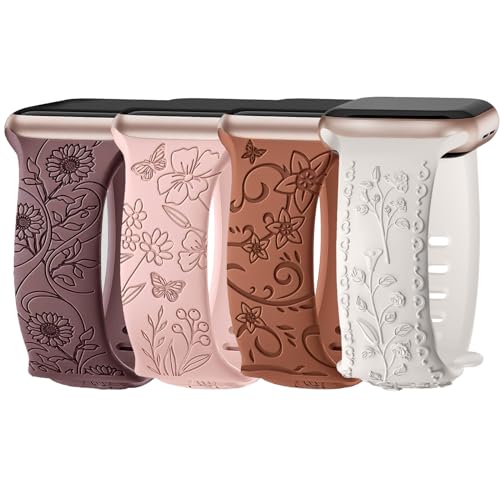 Nepfaivy Floral Graviertes Armband Kompatibel mit Apple Watch Armband 40mm 41mm 38mm 42mm für Damen, Weiches Silikon Elegantes Sport Ersatzarmband für iWatch Series 10/9/8/SE/7/6/5/4/3/2/1, Typ 4 von Nepfaivy
