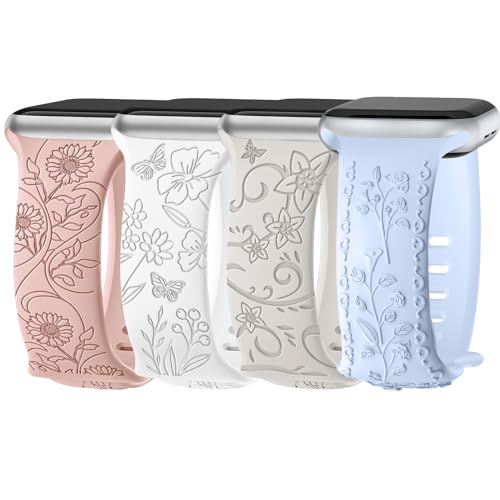 Nepfaivy Floral Graviertes Armband Kompatibel mit Apple Watch Armband 40mm 41mm 38mm 42mm für Damen, Weiches Silikon Elegantes Sport Ersatzarmband für iWatch Series 10/9/8/SE/7/6/5/4/3/2/1, Typ 5 von Nepfaivy