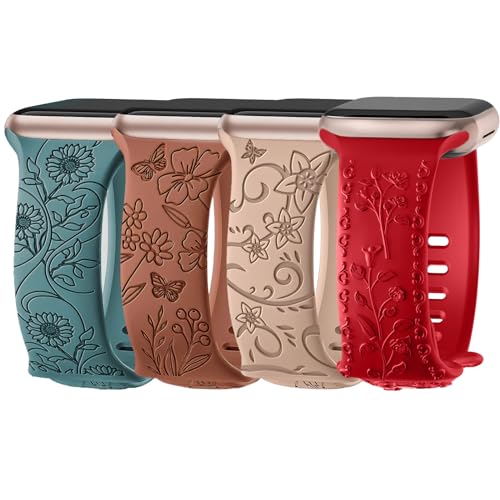 Nepfaivy Floral Graviertes Armband Kompatibel mit Apple Watch Armband 45mm 44mm 46mm 49mm 42mm für Damen, Weiches Silikon Elegantes Sport Band für iWatch Series 10/9/8/Ultra/SE/7/6/5/4/3/2/1, Typ 6 von Nepfaivy