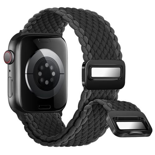 Nepfaivy Geflochtenes Armband Kompatibel mit Apple Watch Armband 40mm 41mm 38mm, Nylon Elastisches Band mit Magnetischer Schnalle für iWatch Series 9/8/SE/7/6/5/4/3/2/1(S, Schwarzgrau) von Nepfaivy