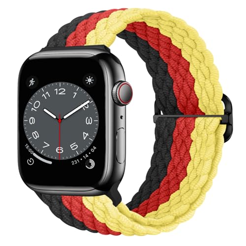 Nepfaivy Geflochtenes Armband Kompatibel mit Apple Watch Armband 40mm 41mm 38mm 42mm für Damen Herren, Nylon Stoff Sport Elastisches Band für iWatch Series 10/9/8/SE/7/6/5/4/3/2/1, Schwarz-Rot-Gelb von Nepfaivy