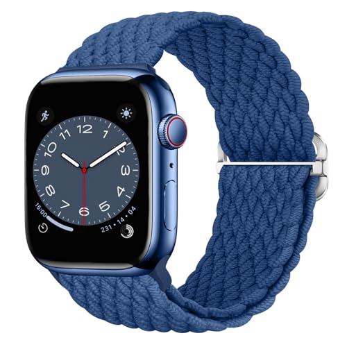 Nepfaivy Geflochtenes Armband Kompatibel mit Apple Watch Armband 40mm 41mm 38mm für Damen Herren, Nylon Stoff Sport Elastisches Ersatzarmband für iWatch Series 9/8/SE/7/6/5/4/3/2/1(S, Blau) von Nepfaivy