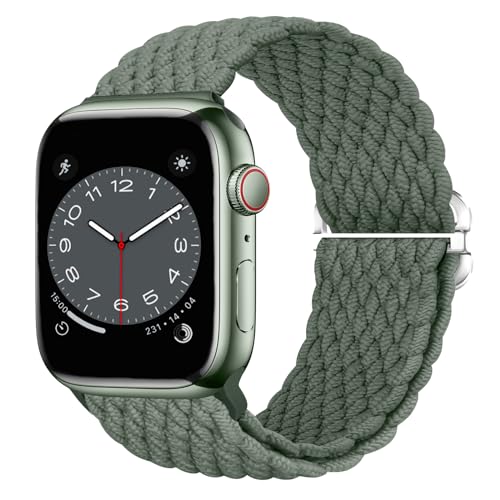Nepfaivy Geflochtenes Armband Kompatibel mit Apple Watch Armband 40mm 41mm 38mm 42mm für Damen Herren, Nylon Stoff Sport Elastisches Ersatzarmband für iWatch Series 10/9/8/SE/7/6/5/4/3/2/1, Grün von Nepfaivy