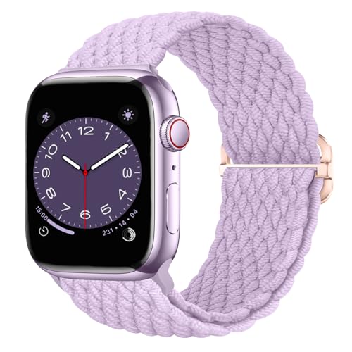 Nepfaivy Geflochtenes Armband Kompatibel mit Apple Watch Armband 40mm 41mm 38mm 42mm für Damen Herren, Nylon Stoff Sport Elastisches Ersatzarmband für iWatch Series 10/9/8/SE/7/6/5/4/3/2/1, Lila von Nepfaivy