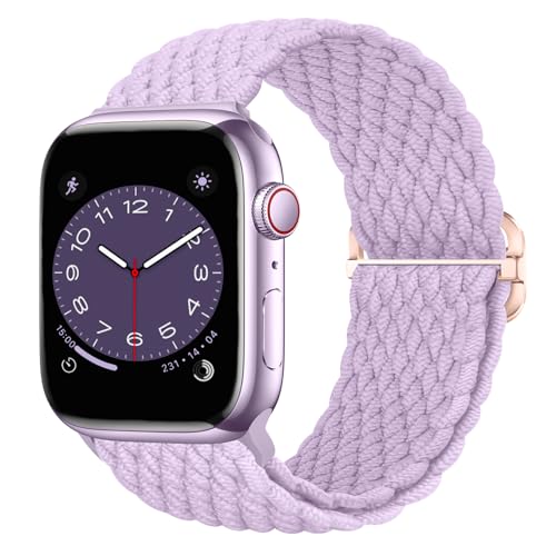 Nepfaivy Geflochtenes Armband Kompatibel mit Apple Watch Armband 40mm 41mm 38mm für Damen Herren, Nylon Stoff Sport Elastisches Ersatzarmband für iWatch Series 9/8/SE/7/6/5/4/3/2/1(S, Lila) von Nepfaivy